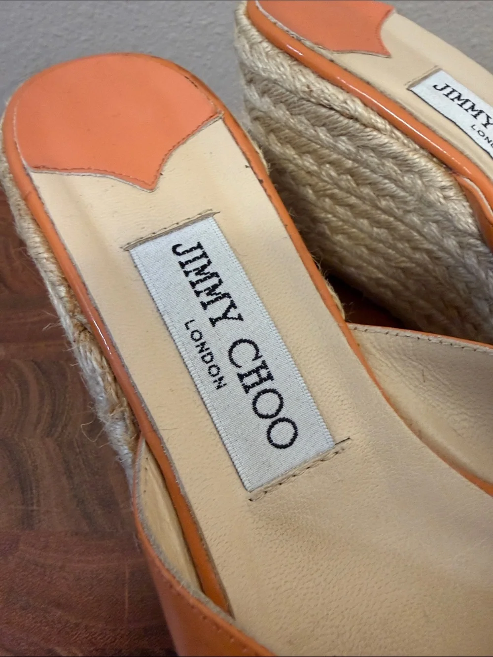 Jimmy Choo Phyllis Wedge Espadrille Orange Patent Leather Sandal Size 37 US 7